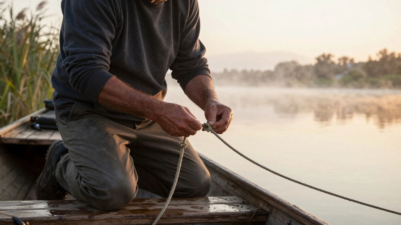Рыбак на лодке на реке Дон завязывает морской узел на леске утром.
