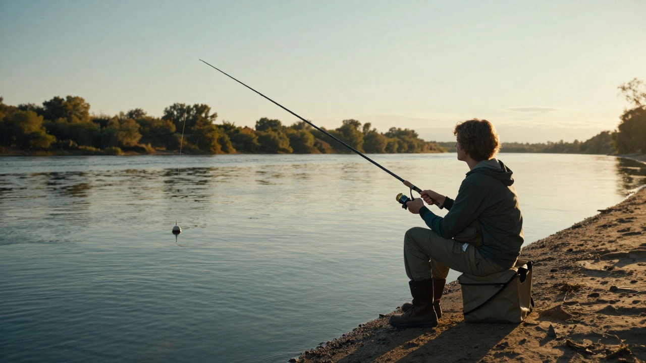Рыбак с удочкой у реки в спокойной обстановке
