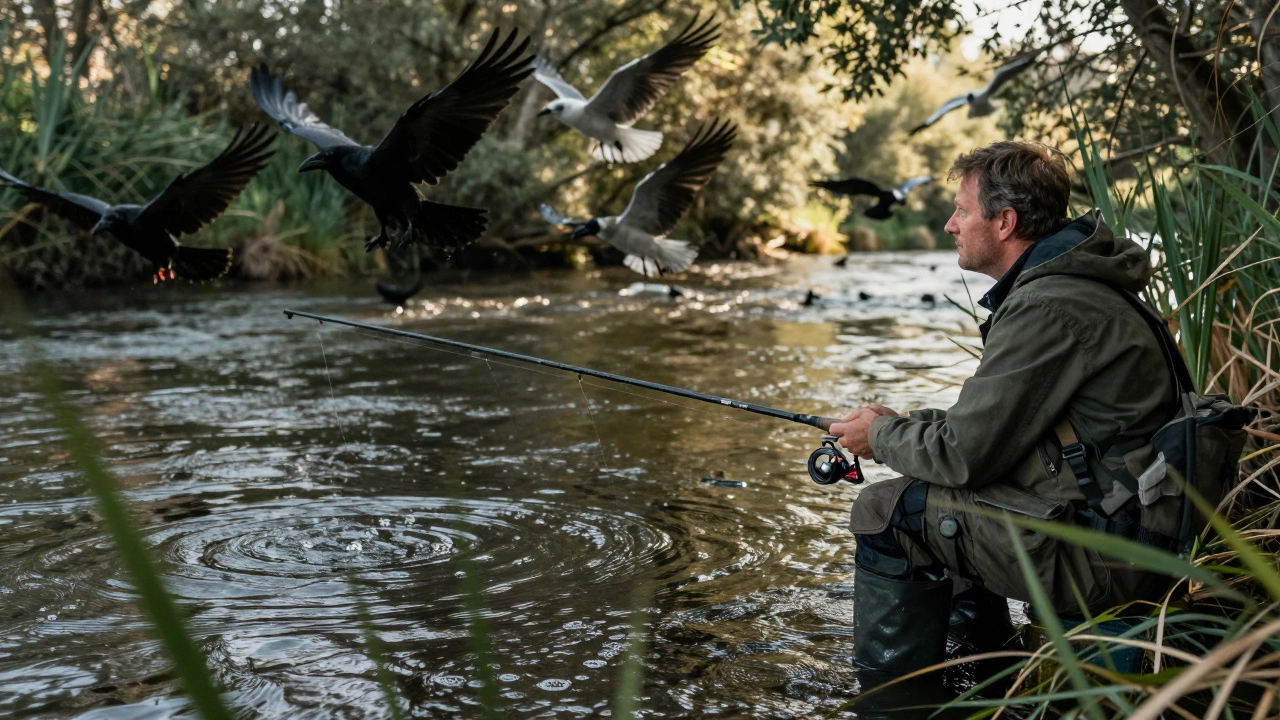 Рыбак внимательно смотрит на воду, птицы над рекой сигнализируют о наличии рыбы.