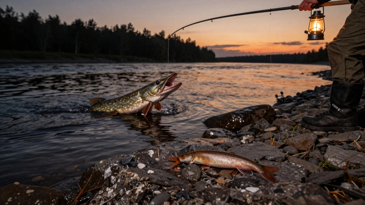 Рыбак забрасывает приманку, имитирующую сомика, а щука атакует в сумерках.