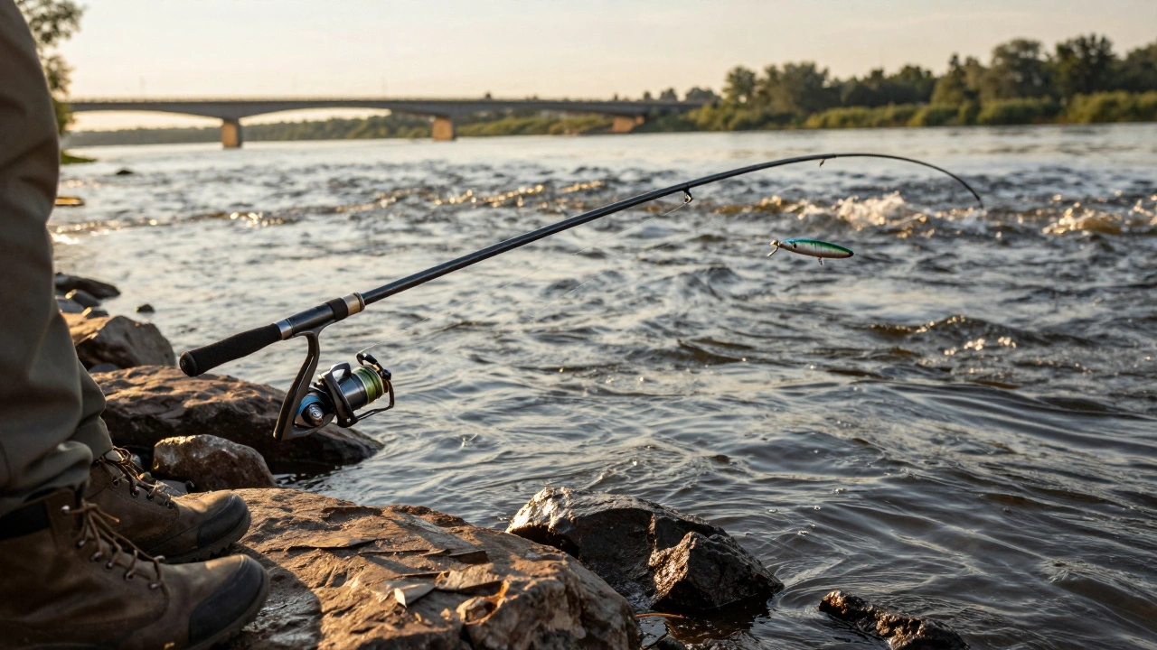 Рыбак забрасывает спиннинг на быстрой реке с видом на мост.