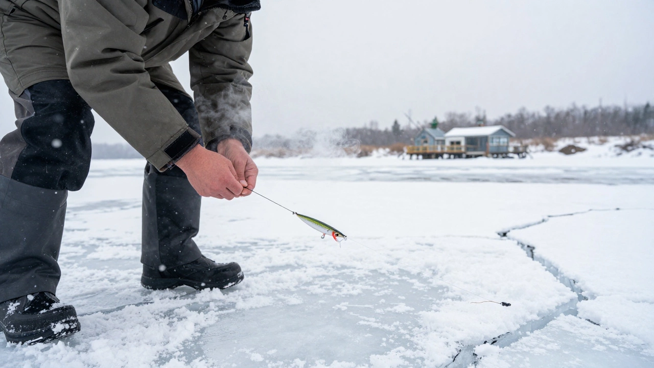 Рыбак зимой быстро меняет приманку, узел Тирадс 3 хорошо затянут, снег падает, дыхание видно в холоде.