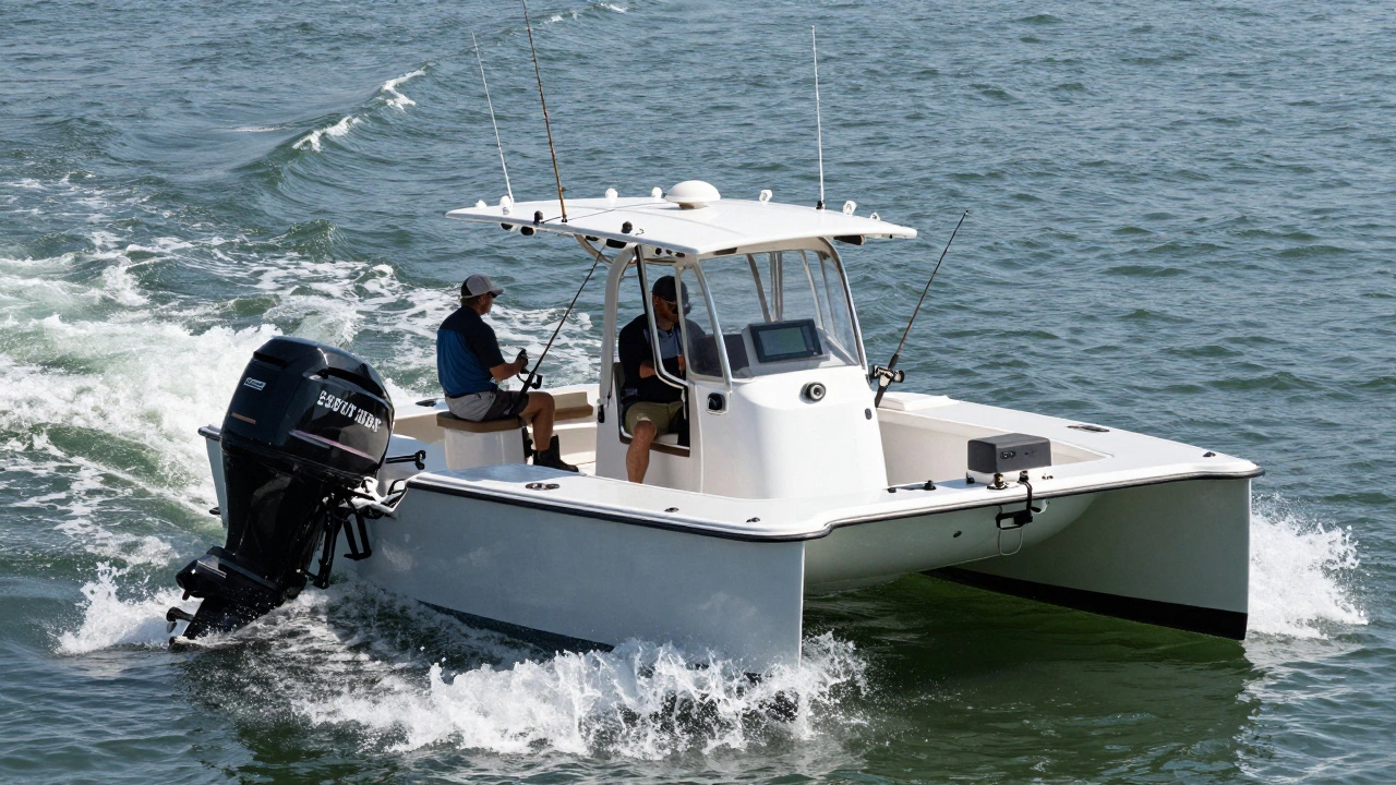 Рыболовный катер движется по волнистому водоему с эхолотом и GPS.