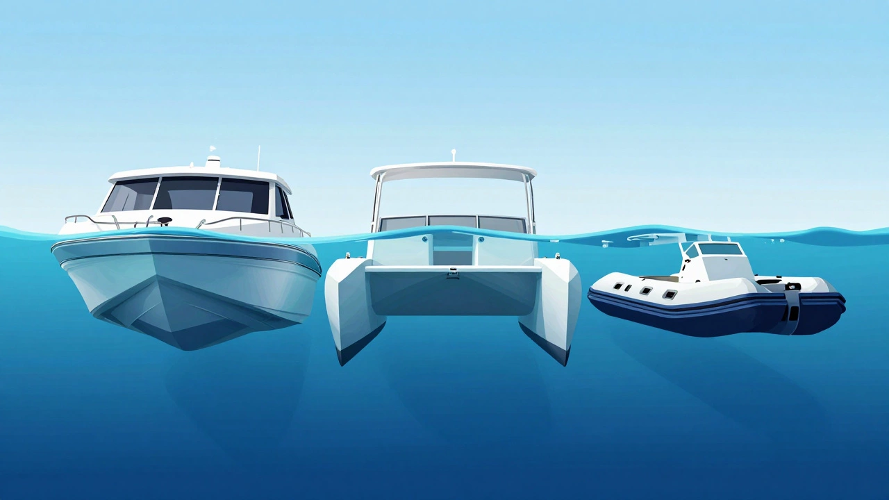 Схема трех типов корпусов катеров под прозрачной водной поверхностью.