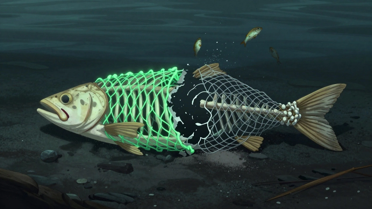 Символическое изображение разрушения рыбных запасов из-за запрещённых сетей.