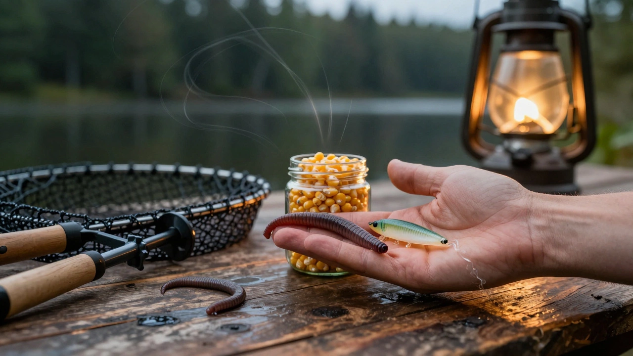 Три универсальные наживки: червь, кукуруза и гелевая приманка на деревянном столе.