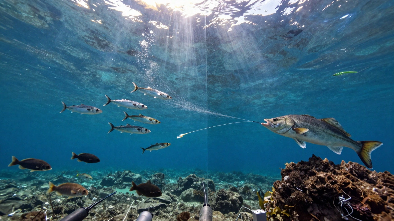 Три зоны морской рыбалки: донная, средневодная и хищная рыба в одном подводном пейзаже.