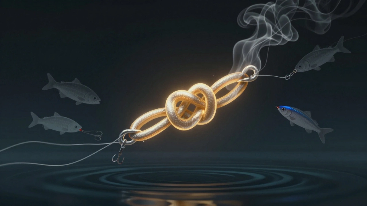 Узел репшнур в центре, вокруг — разрушающиеся снасти и силуэты рыб, символизирующие надежность.