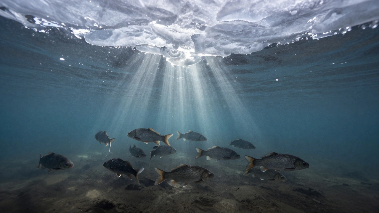 Вид снизу вверх под лёд со стайей леща