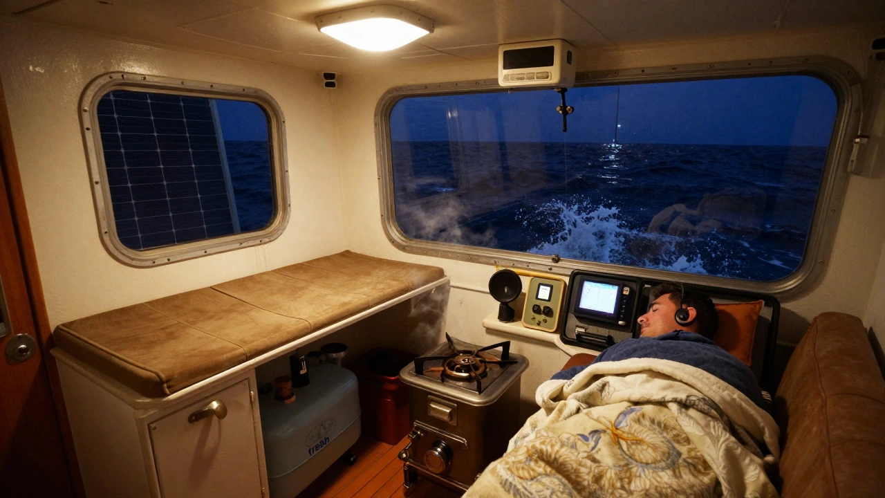 Внутри маленькой каюты на яхте: спящий рыбак, газовая плита и экран навигационного оборудования при свете ночи.