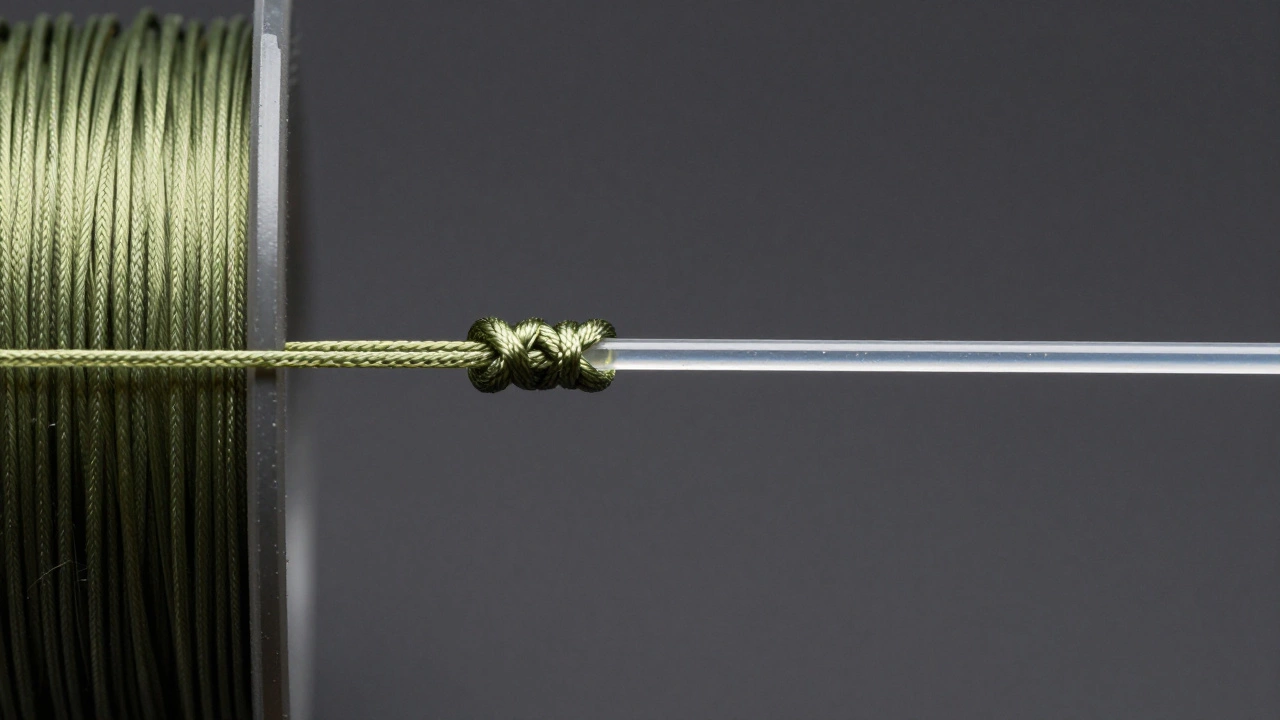Детальное соединение плетеного шнура и флюорокарбона узлом Олбрайт