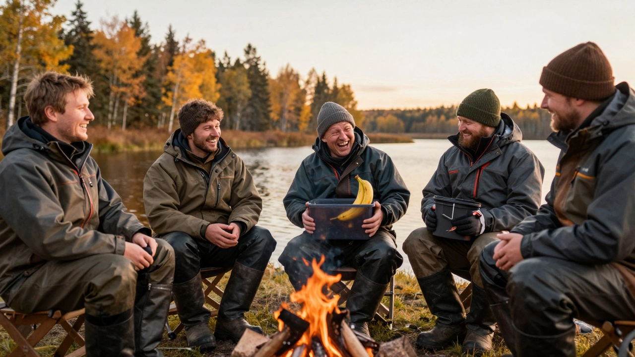 Группа рыбаков у костра, один из которых в шутку прячет банан в контейнер