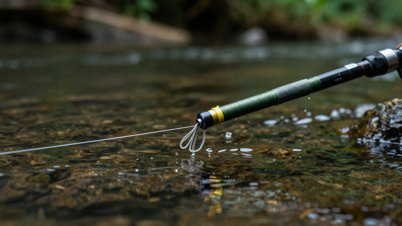 Крупный план кончика фидерного удилища и плетёного шнура при поклёвке рыбы