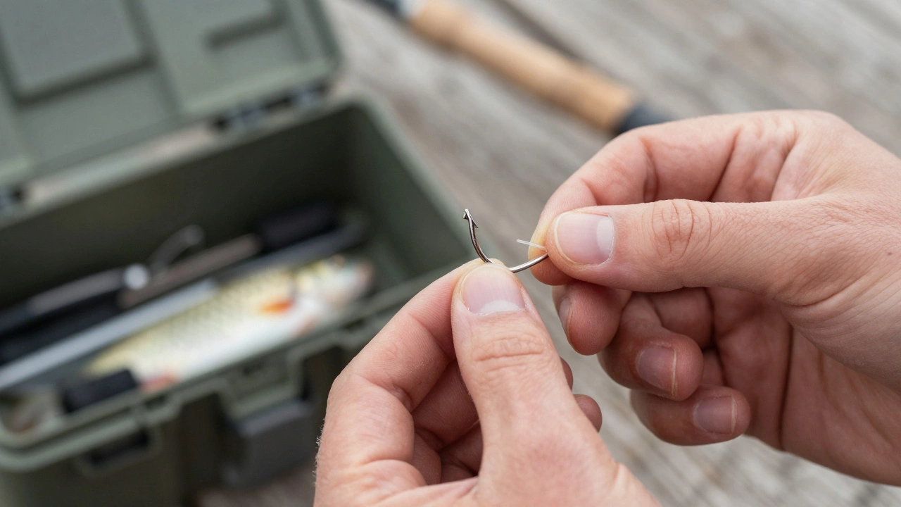 Крупный план процесса привязывания флюорокарбонового поводка к крючку