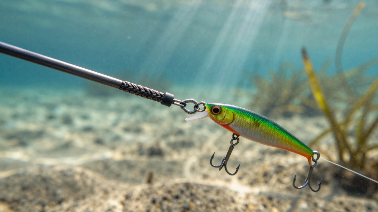 Макроснимок стального поводка и яркого воблера под водой