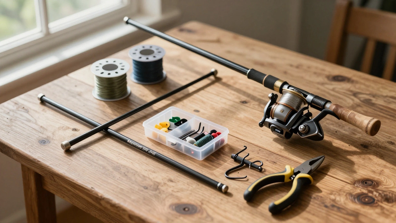 Набор базовых рыболовных снастей: удочка, катушка, леска и органайзер на деревянном столе