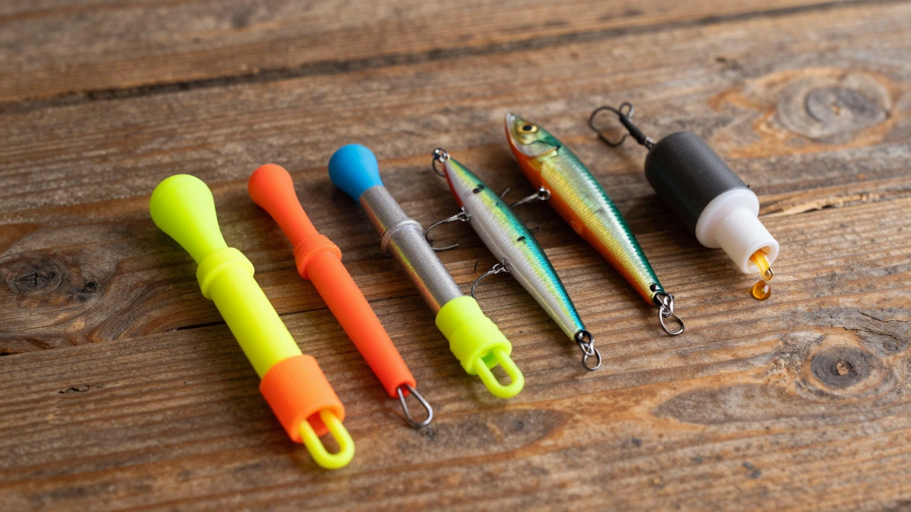 Набор разноцветных силиконовых и металлических приманок с аттрактантом на деревянном столе