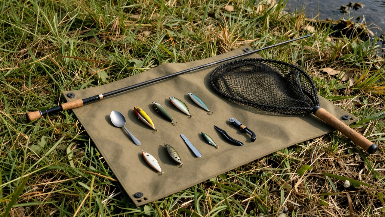 Набор снастей для ловли щуки, разложенный на берегу реки