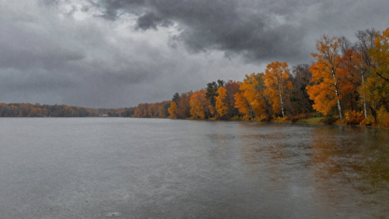 Осенний пейзаж озера под умеренным дождем с желтыми деревьями