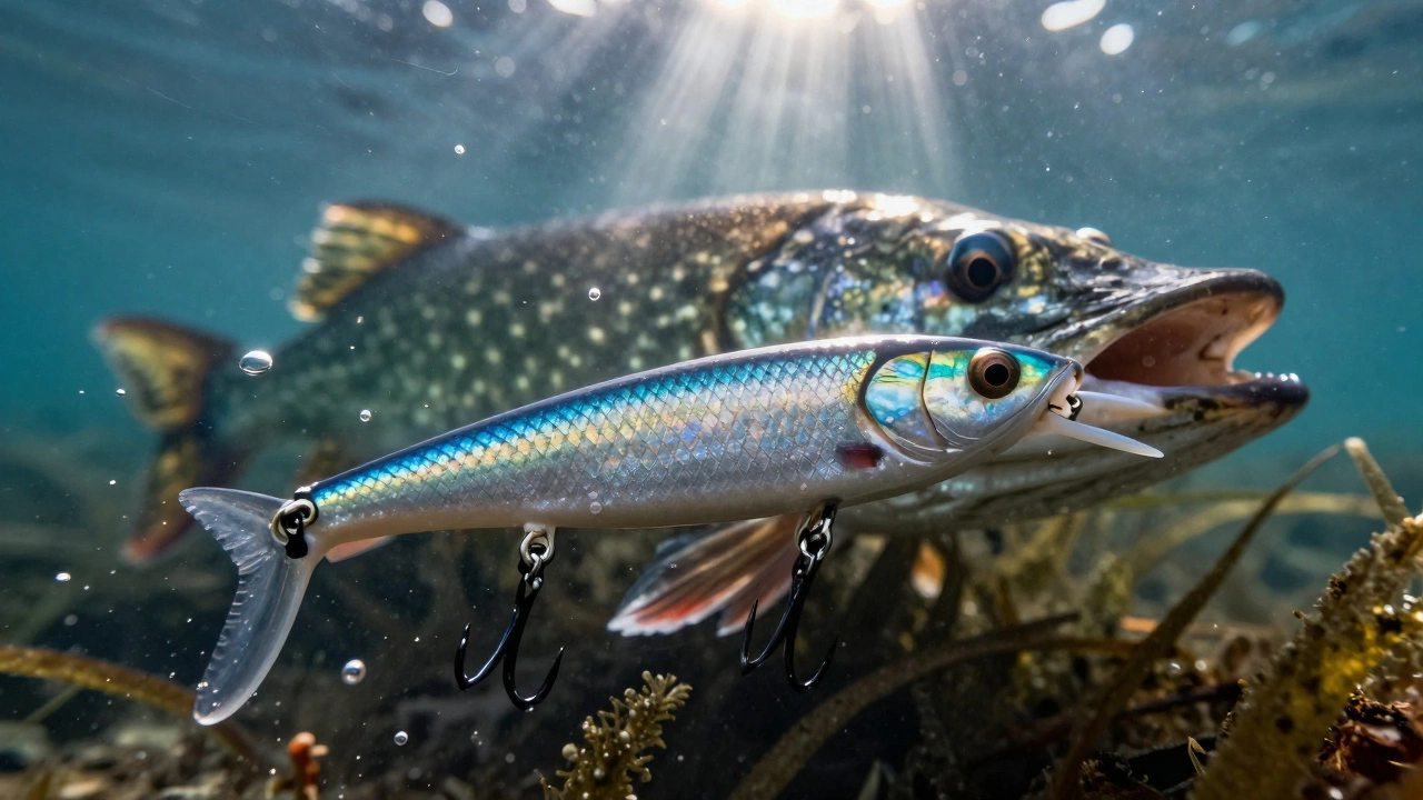 Подводный вид: хищная щука атакует серебристый воблер в прозрачной воде