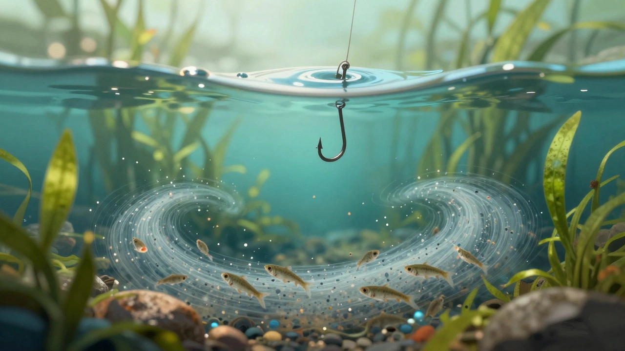 Подводный вид икры и мальков в реке с рыболовным крючком над водой