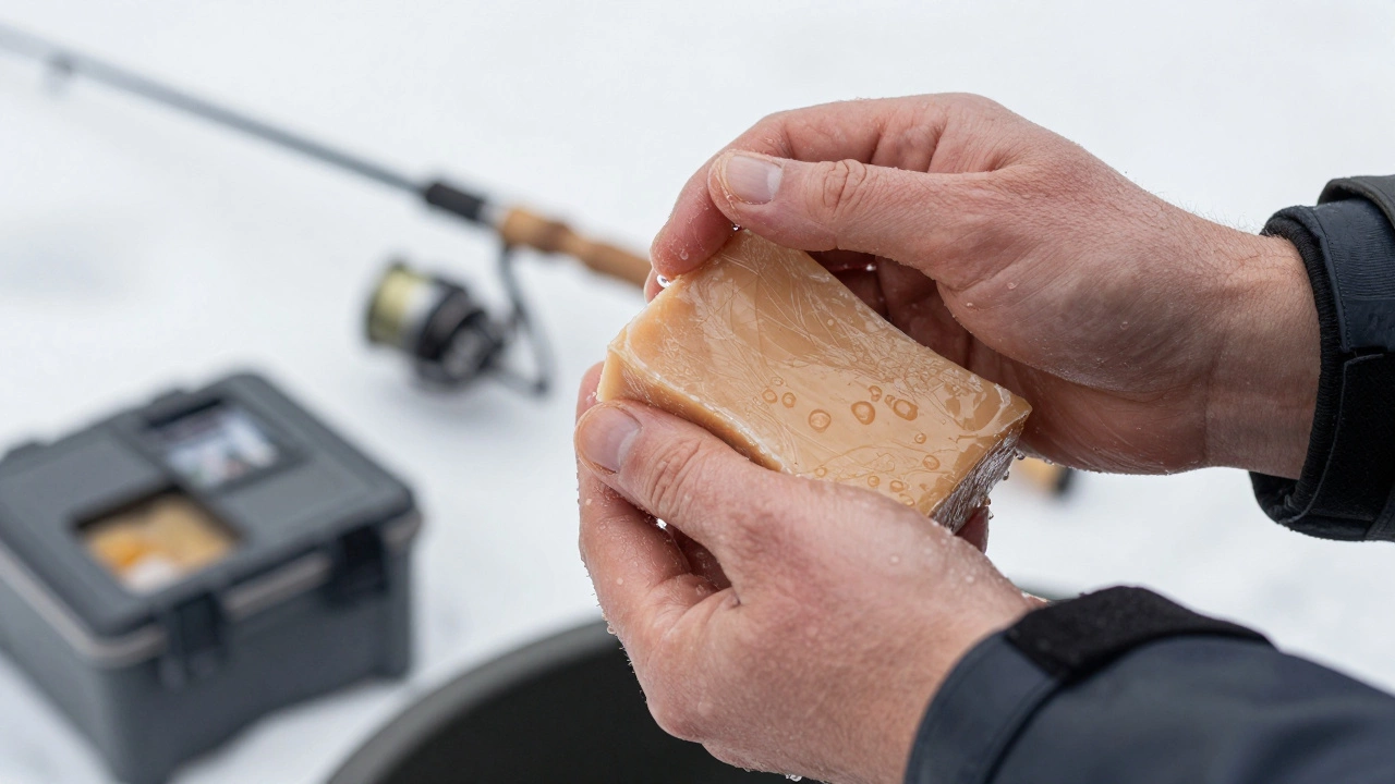 Процесс мытья рук хозяйственным мылом перед зимней рыбалкой