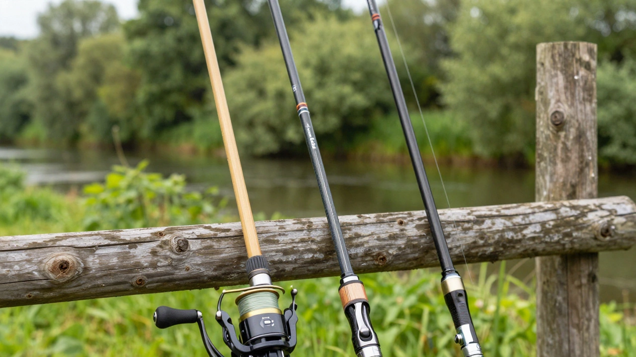 Различные виды удилищ и катушек на фоне летнего берега