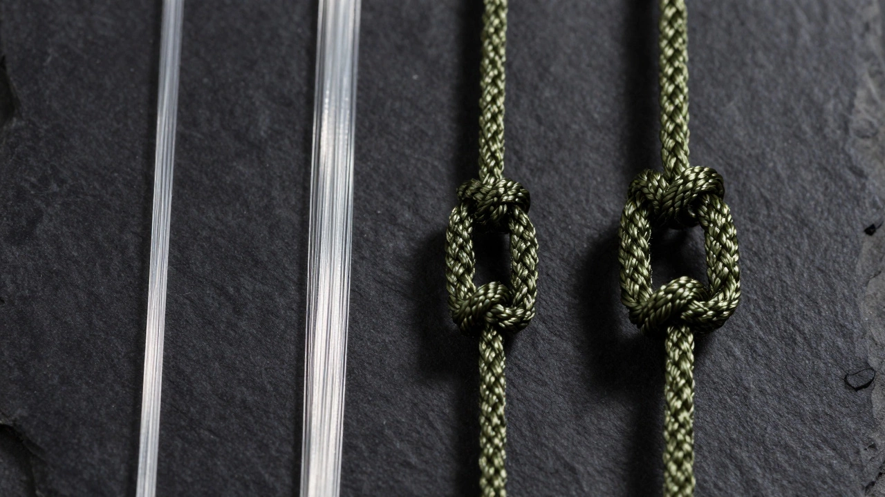 Разные типы рыболовных лесок и аккуратно завязанные узлы на темном фоне