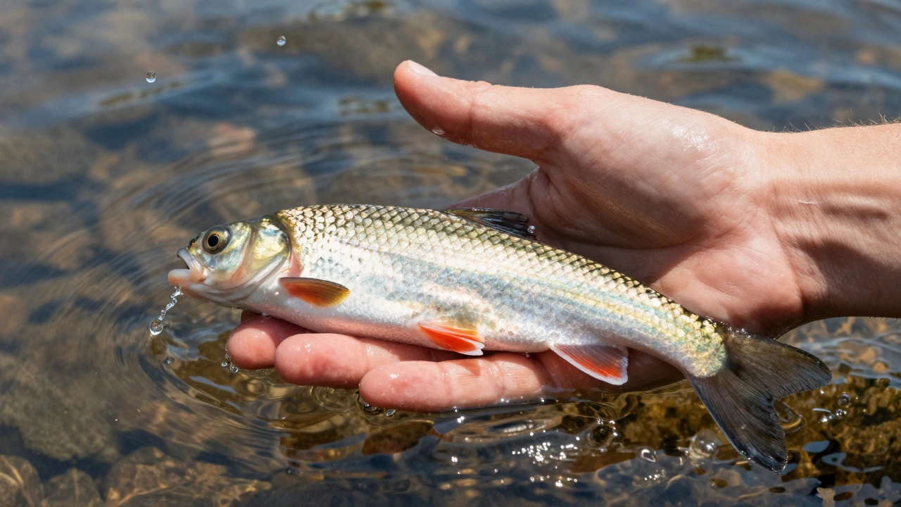 Рука рыбака отпускает маленькую рыбку обратно в чистую реку