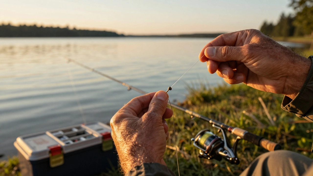 Руки рыбака проверяют надежность узла на леске на берегу озера в лучах заката