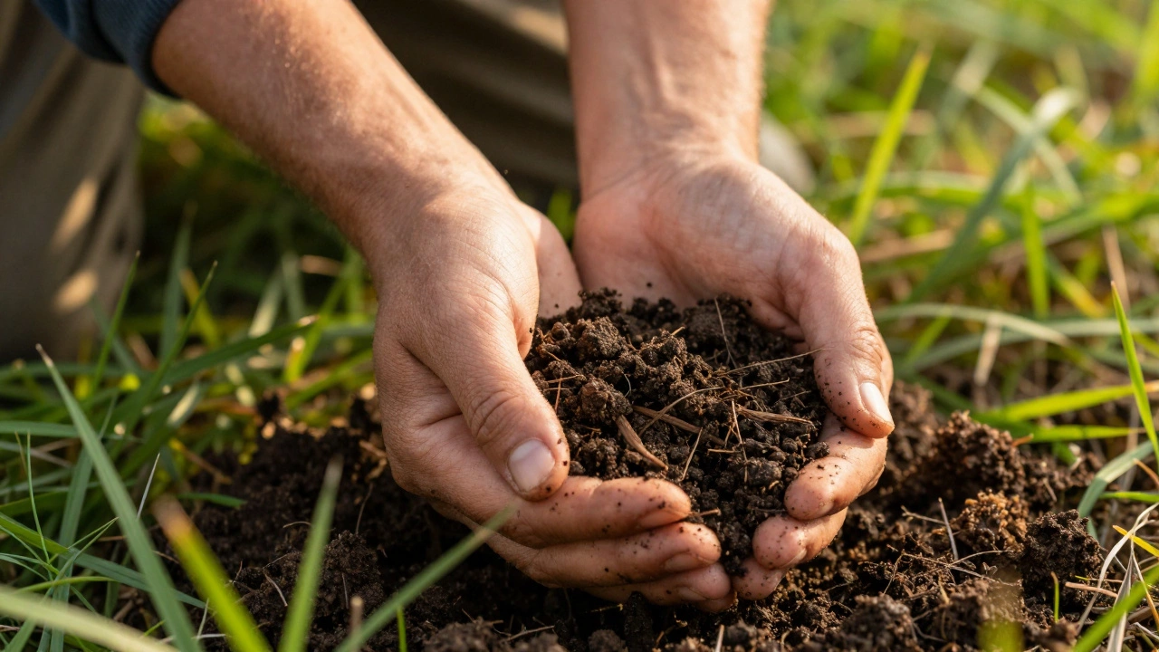 Руки рыболова, растирающие землю и траву для маскировки запаха