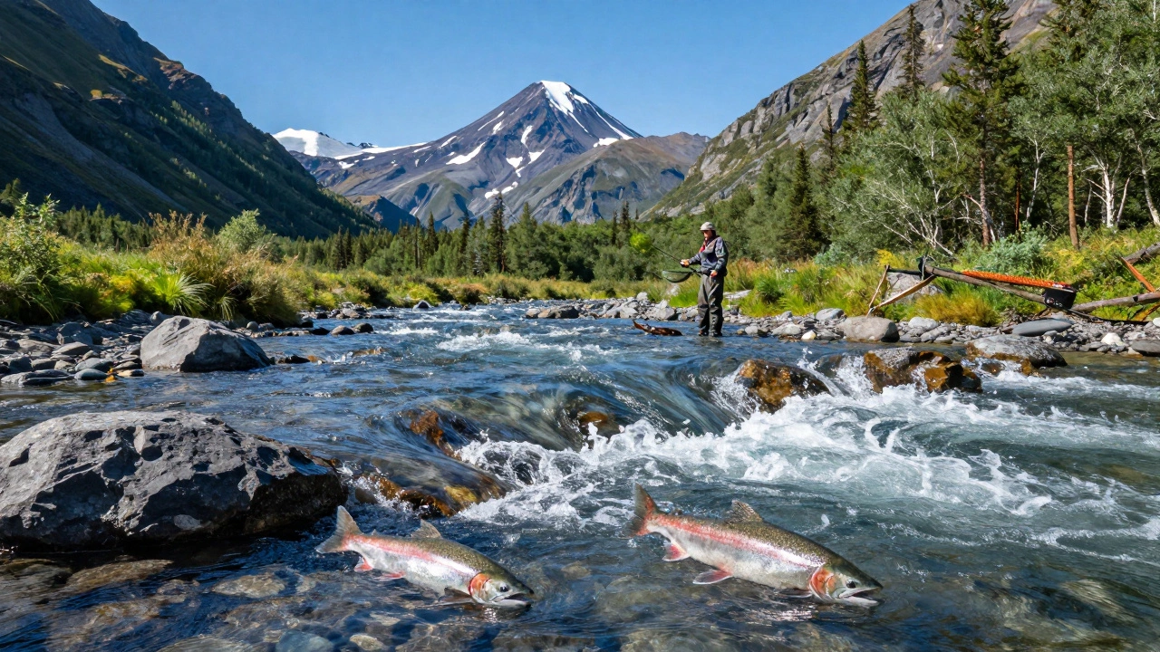 Рыбак в горах Камчатки ловит лосося в чистой горной реке
