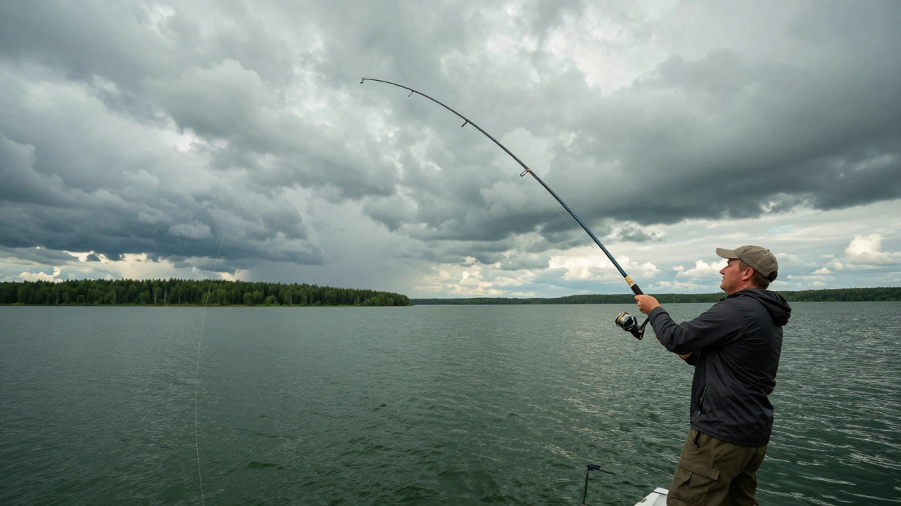 Рыболов в момент мощного дальнего заброса удилищем