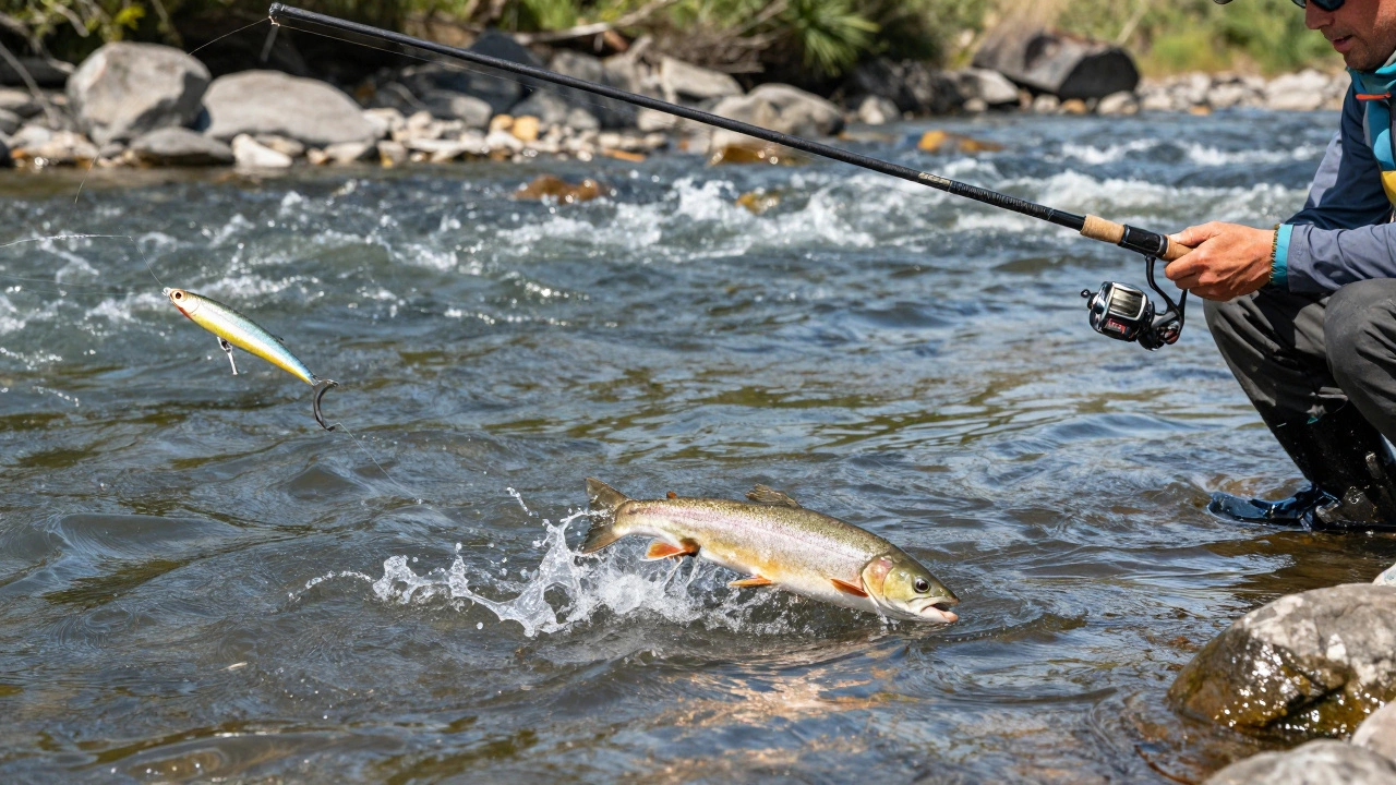 Рыболов в процессе заброса спиннинга с блесной в реку