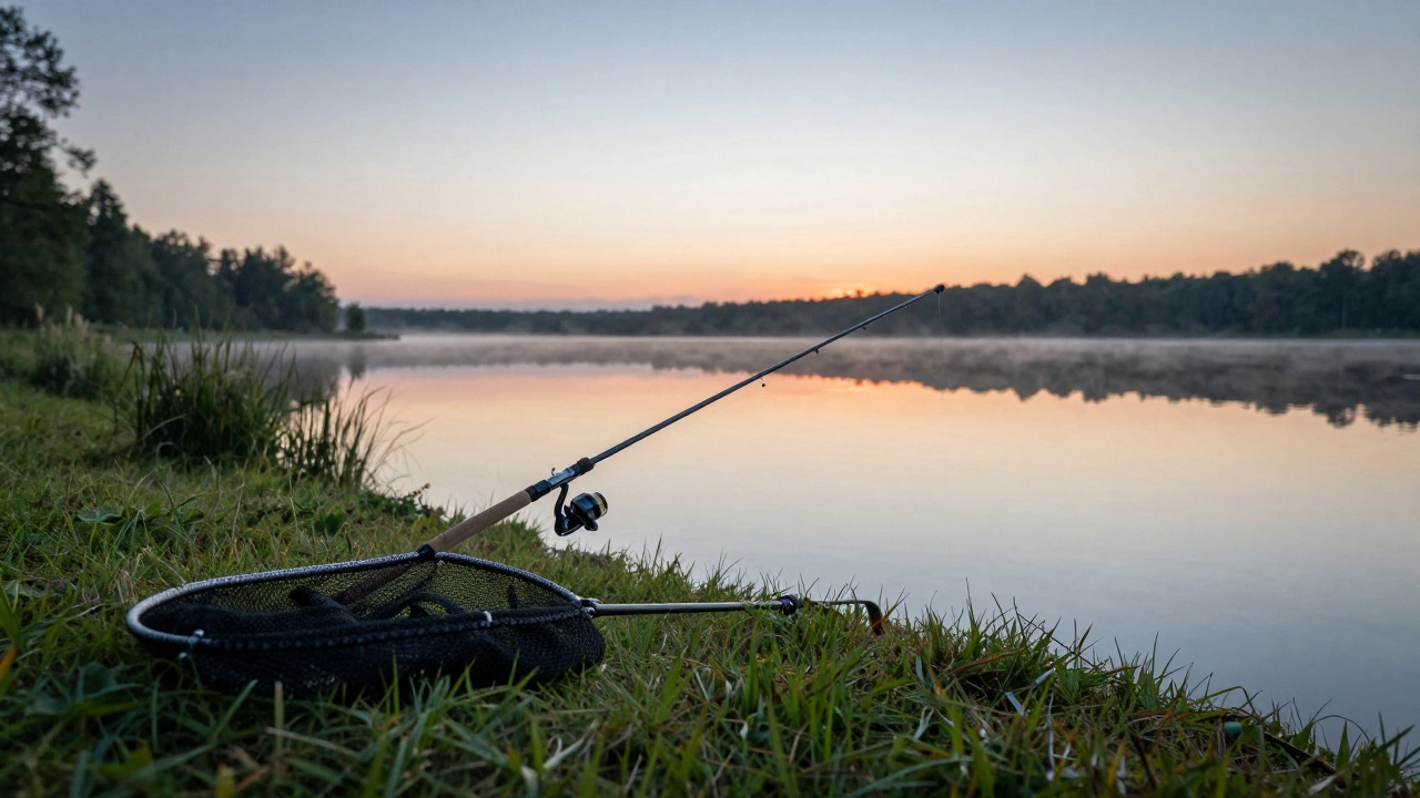 Рыболовные снасти и подсачек на берегу тихого озера в лучах утреннего солнца