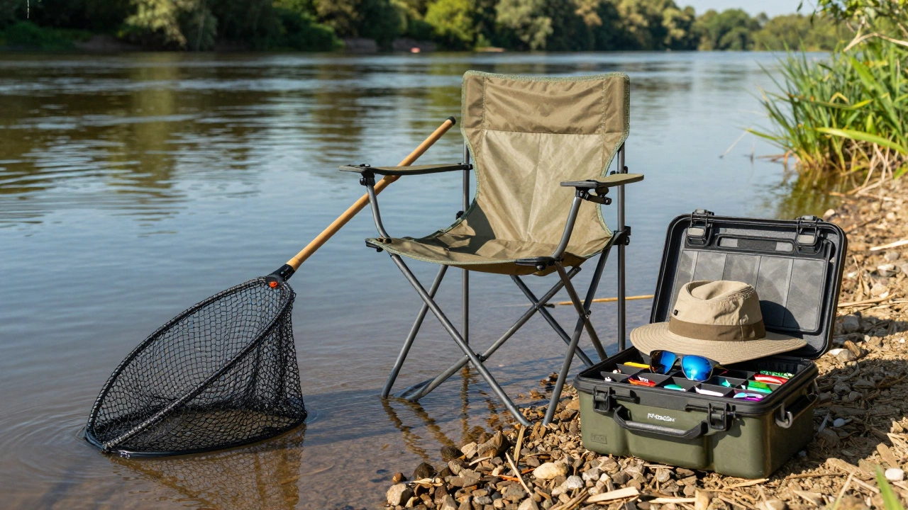 Рыболовный стул, подсачек и коробка со снастями на берегу реки