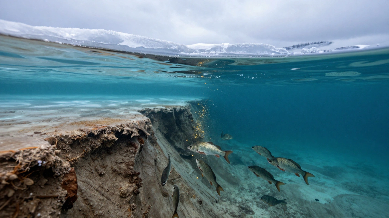 Схематичный вид рыб лещ у бровки на глубине под льдом