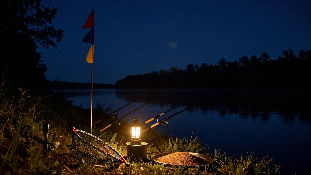 Снасти для ночной донной ловли леща у реки под звездным небом
