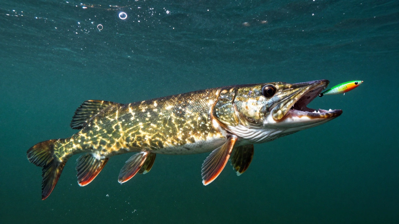 Щука в динамичном прыжке атакует рыболовную приманку под водой