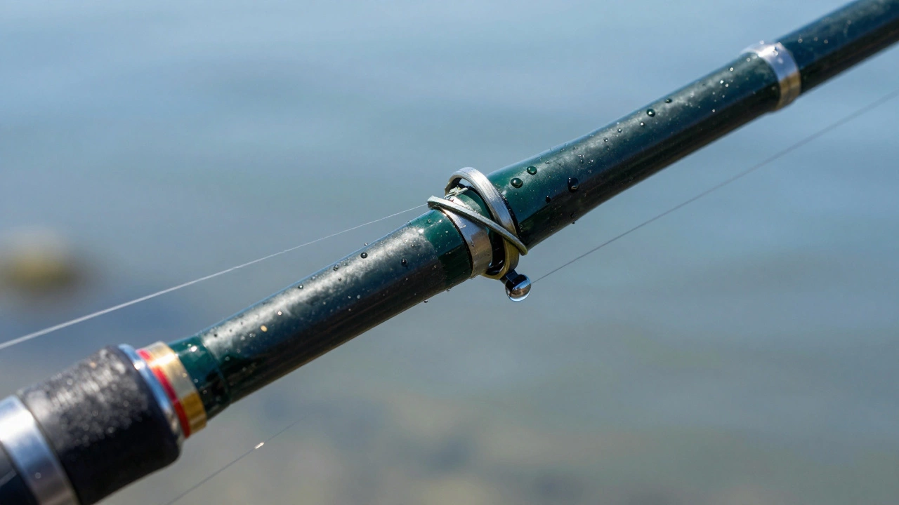 Тонкий узел FG проходит сквозь кольцо рыболовного удилища при забросе