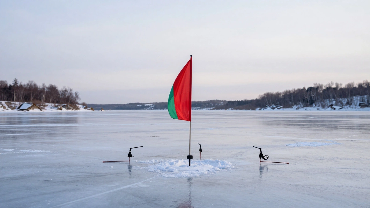 Зимняя рыбалка на щуку с поднятым флажком жерлицы на льду