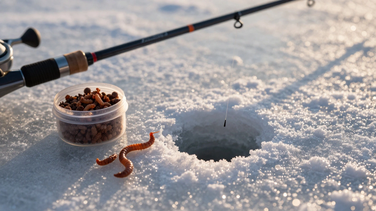 Зимняя удочка и прикормка у лунки на заснеженном льду