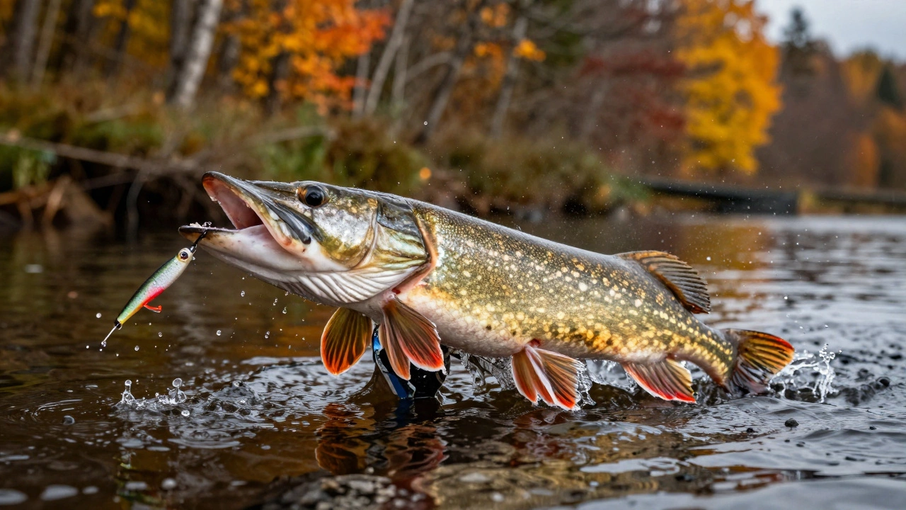 Щука выпрыгивает из воды, атакуя приманку