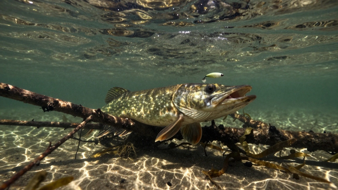 Щука прячется под водой среди веток и ждет добычу