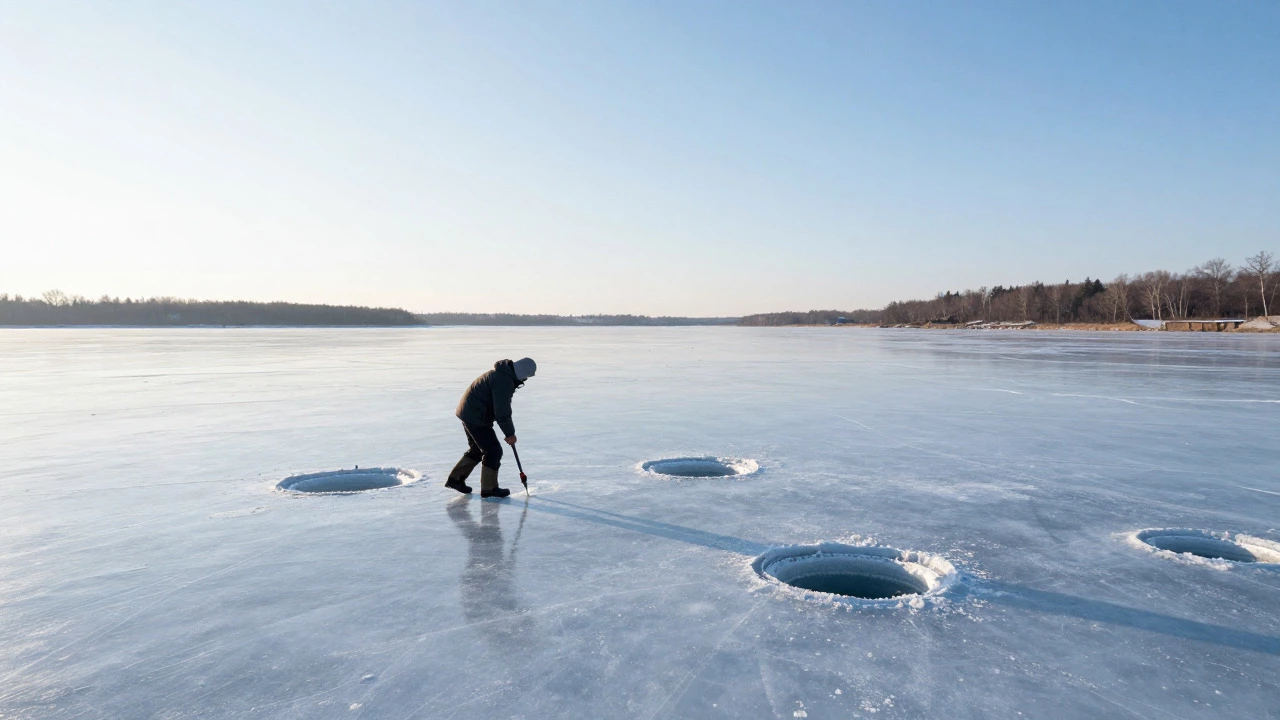Angler drilling multiple holes on a vast frozen lake