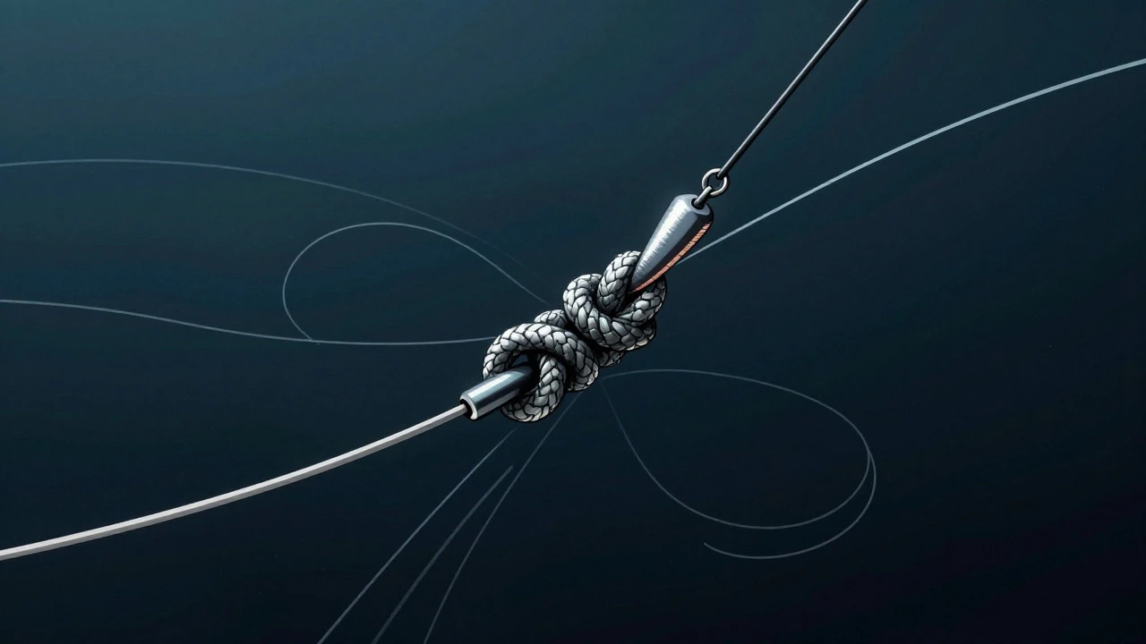 Artistic depiction of a fishing knot connecting line and leader under tension
