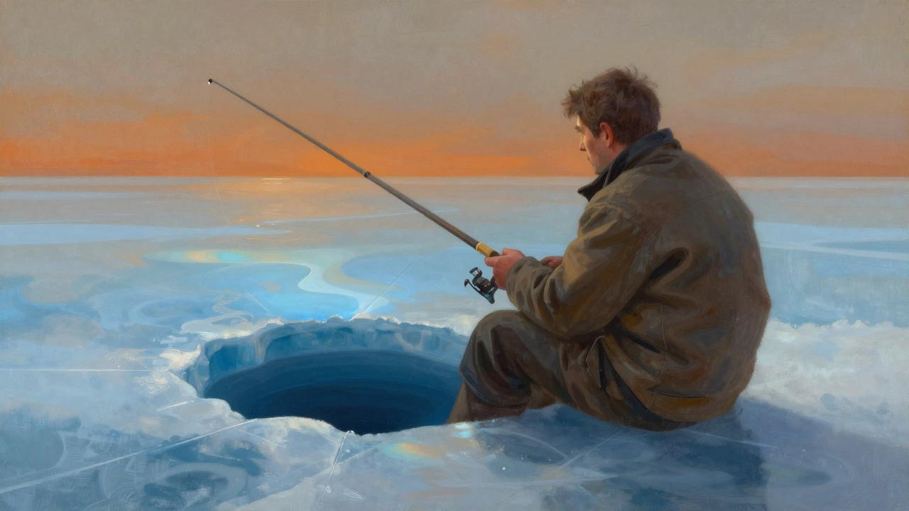 Fisherman focusing on his rod with abstract water layers beneath