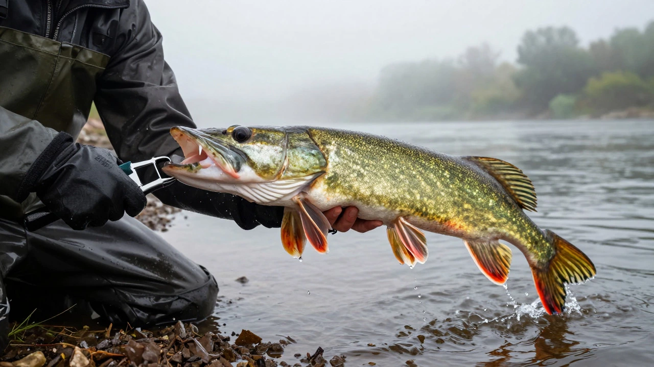 Fisherman holding a large pike by the jaw with a lip gripper tool near the water