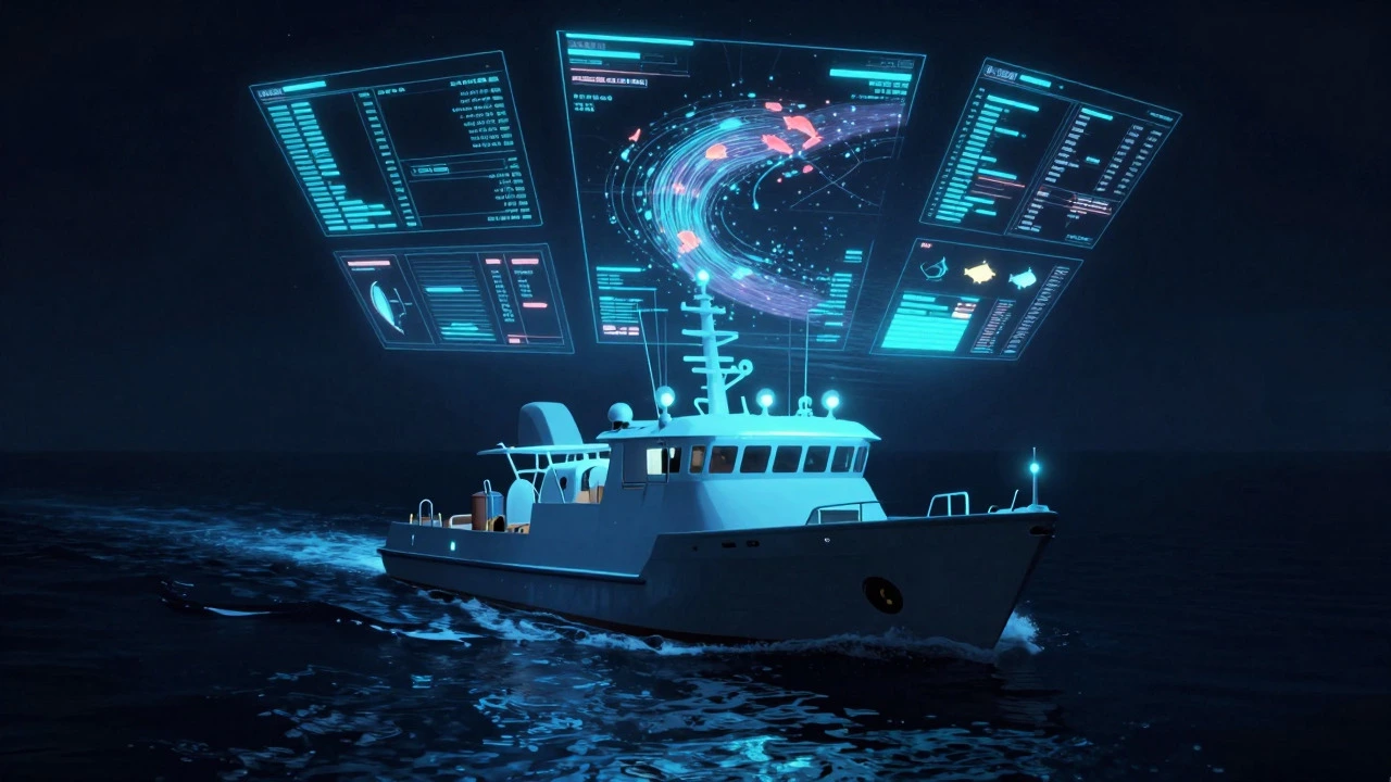 Futuristic autonomous fishing vessel using AI and holographic data displays