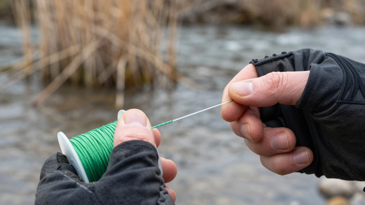 Hands in gloves tying a fishing knot with braided and mono lines by a river